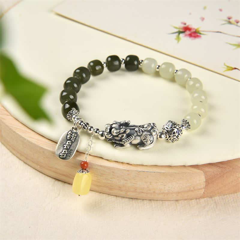 Buddha Stones 925 Sterling Silver Natural Hetian Jade Amber PiXiu Luck Bracelet - image 1