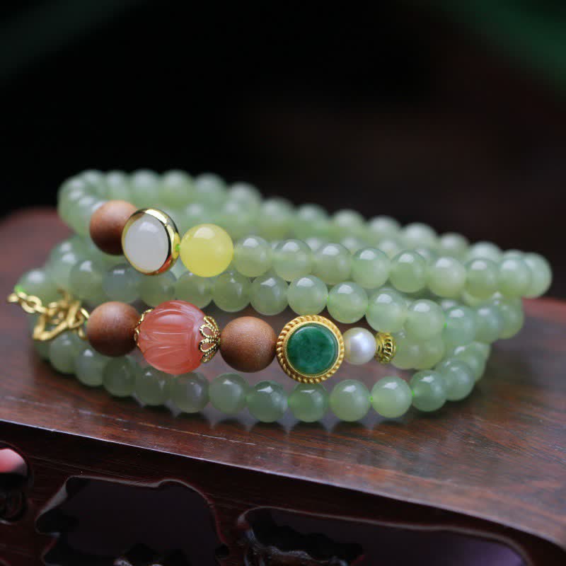 Buddha Stones Natural Hetian Jade Amber Lotus Red Agate Luck Abundance Bracelet - image 1