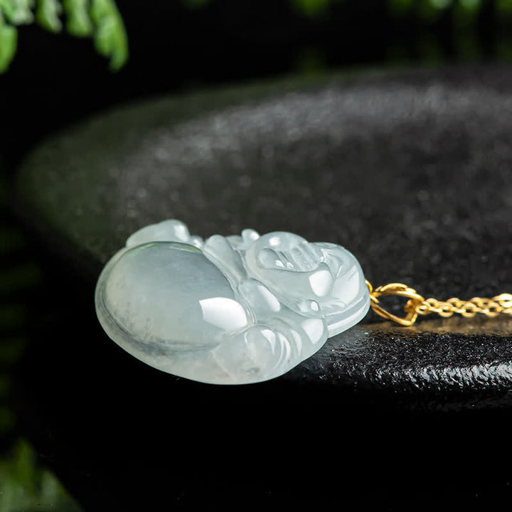 Buddha Stones Laughing Buddha Natural Jade Abundance Titanium Steel Chain Necklace Pendant - image 3