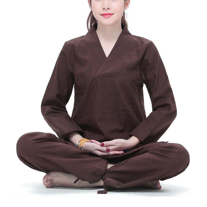 Buddha Stones Zen Practice Yoga Meditation Prayer V-neck Design Uniform Cotton Linen Clothing Women's Set - Brown - US6，UK/AU10，EU38 (2XL) - image 10