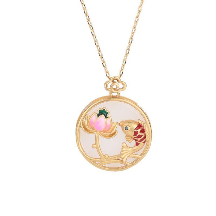Buddha Stones White Jade Koi Fish Lotus Blessing Necklace Pendant - image 4