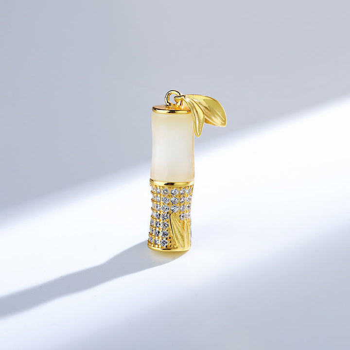 Buddha Stones 925 Sterling Silver Hetian White Jade Bamboo Happiness Necklace Pendant - image 3