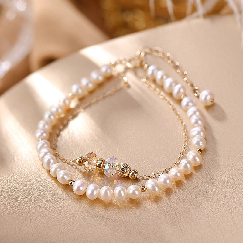 Buddha Stones 925 Sterling Silver 14K Gold Plated Natural Pearl Crystal Healing Double Layer Bracelet - image 1