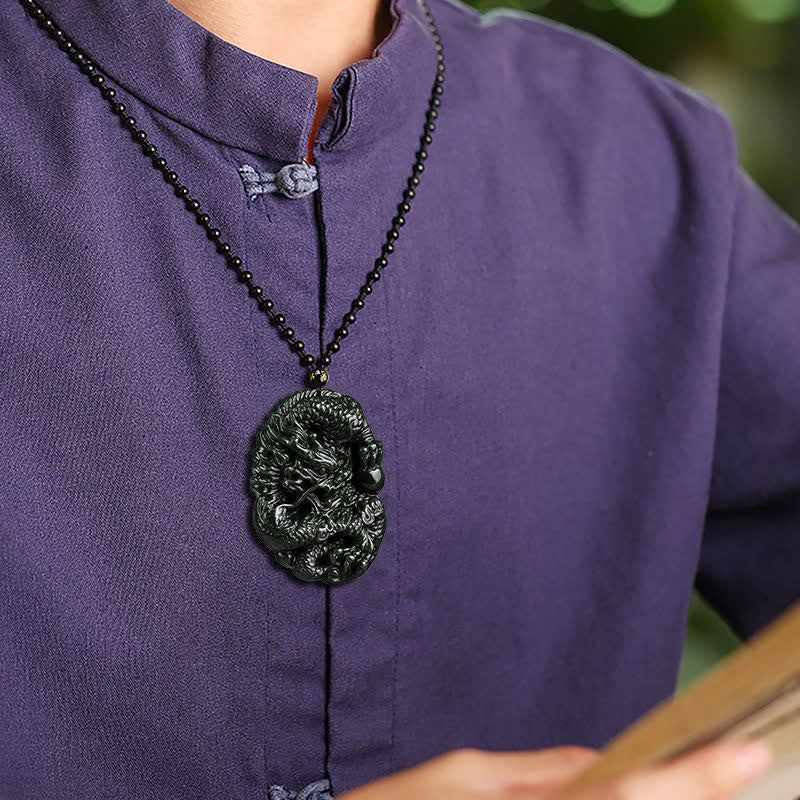 Buddha Stones Hetian Cyan Jade Dragon Success Harmony Necklace Beaded String Pendant - image 2