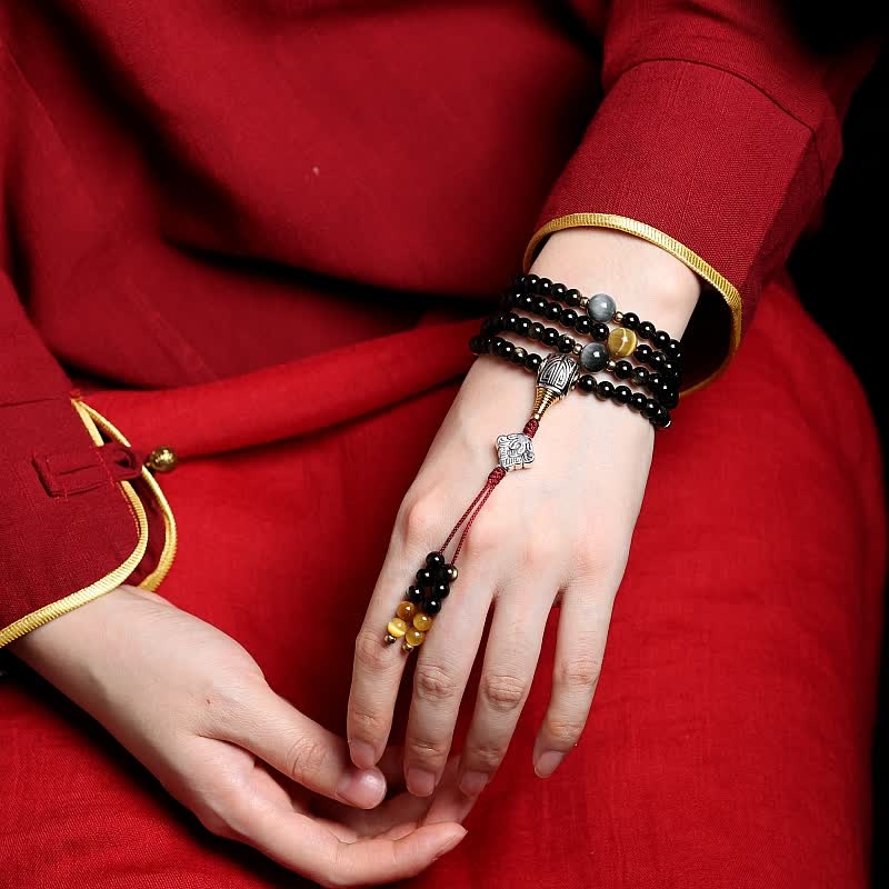 Buddha Stones 108 Mala Beads Gold Sheen Obsidian Tiger Eye Eagle's Eye Stone Wealth Bracelet - image 1