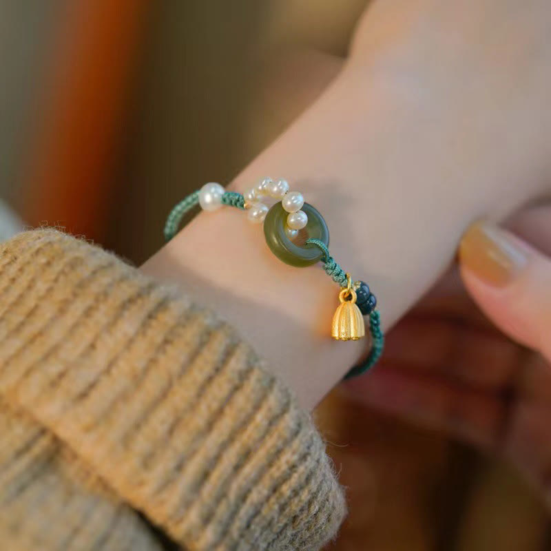Buddha Stones Natural Hetian Jade Peace Buckle Pearl Luck Handcrafted Braided Bracelet - Peace Buckle Jade(Wrist Circumference 14-19cm) - image 0