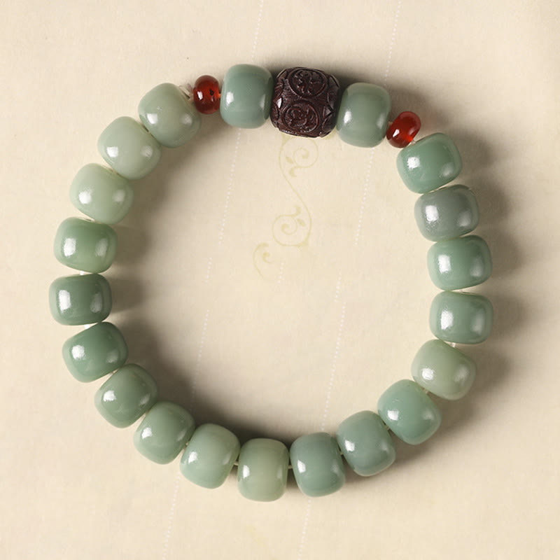 Buddha Stones Bodhi Seed Auspicious Cloud Fu Character Bead Peace Bracelet - Green Bodhi Seed(Wrist Circumference 14-15cm) - Small Leaf Red Sandalwood Fu Character - image 2