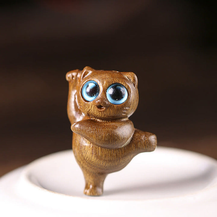 Buddha Stones Mini Green Sandalwood Dancing Cat Engraved Positive Desk Decorations - image 1