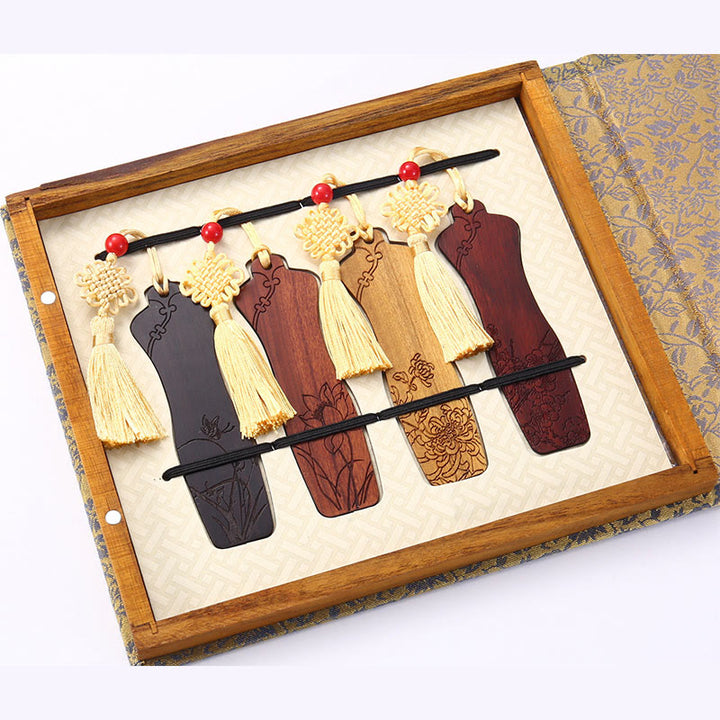 Buddha Stones 4Pcs Four Seasons Plum Orchid Bamboo Chrysanthemum Peking Opera Mask Wood Bookmarks With Gift Box - image 21