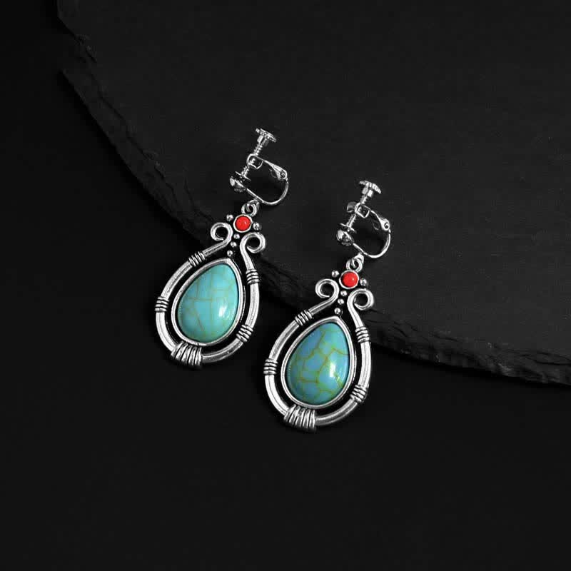 Tibet Vintage Turquoise Waterdrop Strength Drop Dangle Earrings Clips - Earring Clips - image 11