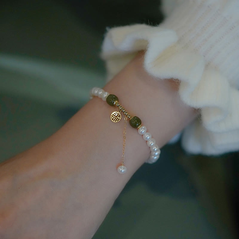 Buddha Stones Natural Pearl Hetian Jade Happiness Wisdom Bead Bracelet - image 1