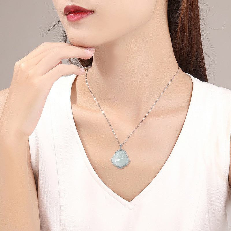 Buddha Stones 925 Sterling Silver Laughing Buddha Natural Jade Abundance Necklace Pendant - image 2