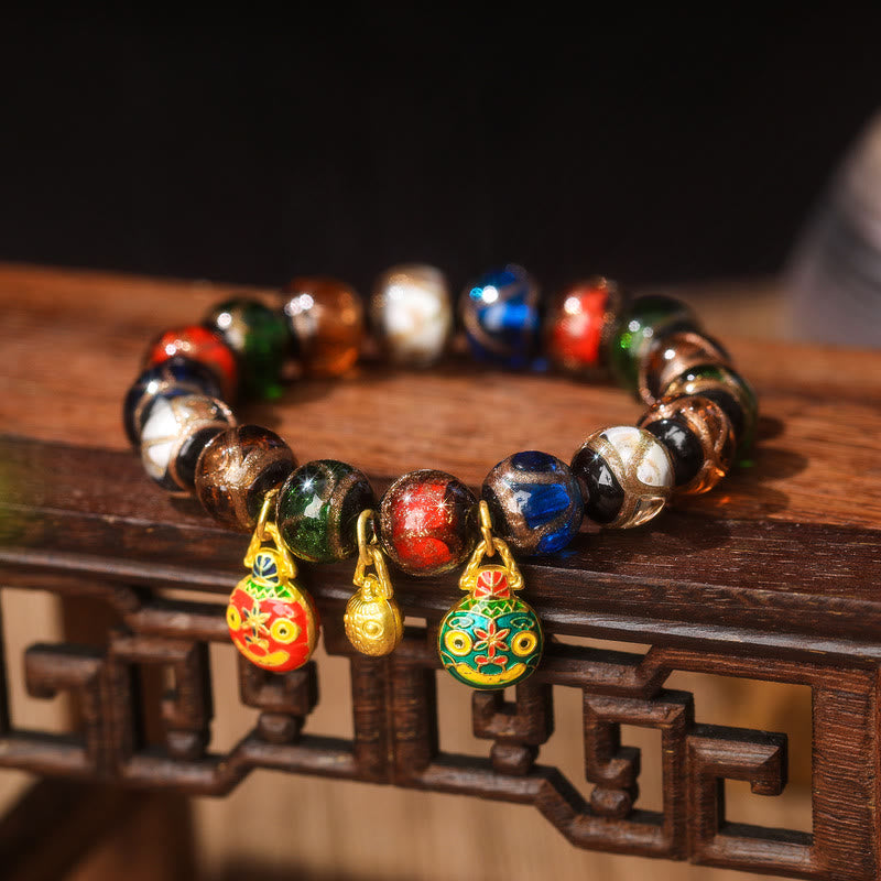 Buddha Stones Five Elements Gold Swallowing Beast Family Charm Liuli Glass Bead Luck Bracelet - Liuli Glass Bead&Big Red Green Gold Swallowing Beast Family - 14mm(15 Beads) - image 4