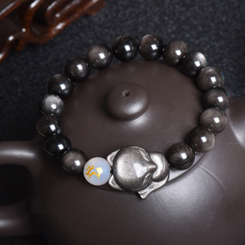 Buddha Stones Natural Rainbow Obsidian Gold Sheen Obsidian Silver Sheen Obsidian Fox Healing Bracelet - image 19