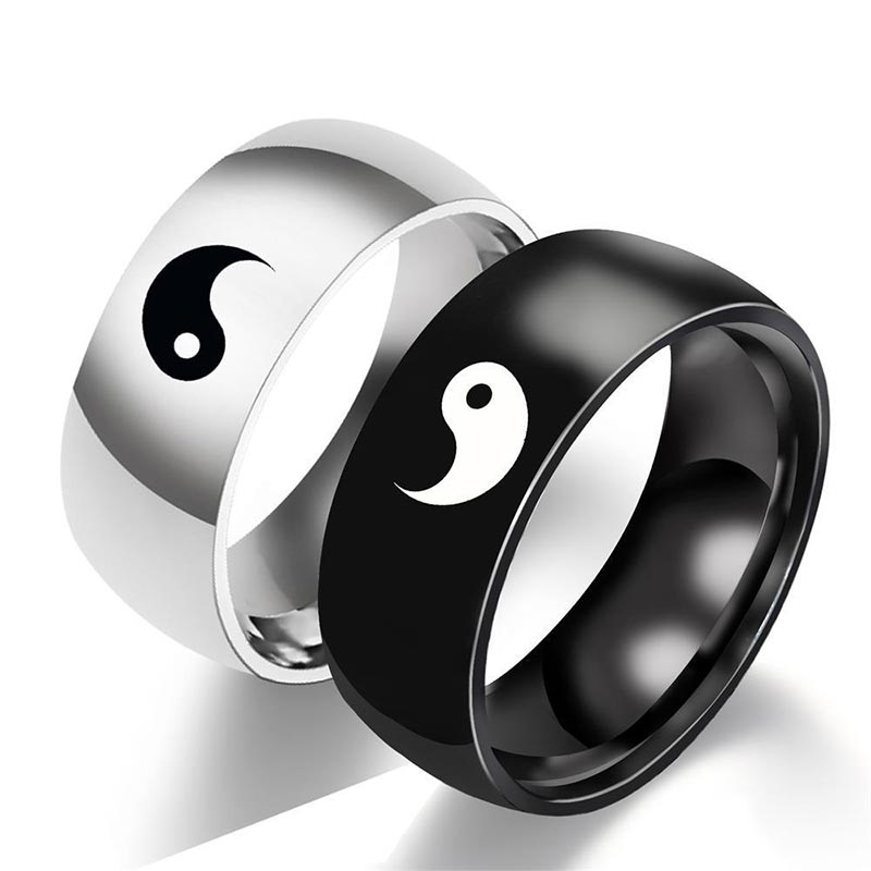 Buddha Stones Yin Yang Balance Titanium Steel Couple Ring - image 3