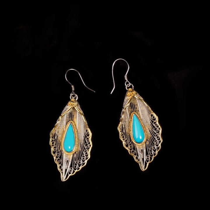 Buddha Stones 925 Sterling Silver Turquoise Bodhi Leaf Pattern Protection Drop Dangle Earrings - image 10