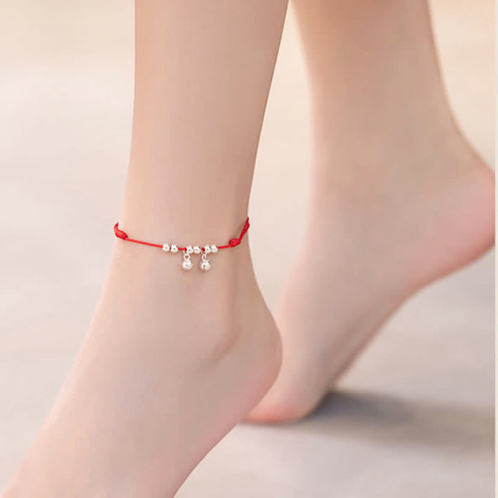 Buddha Stones 925 Sterling Silver Red String Braid Bell Charm Anklet - image 4