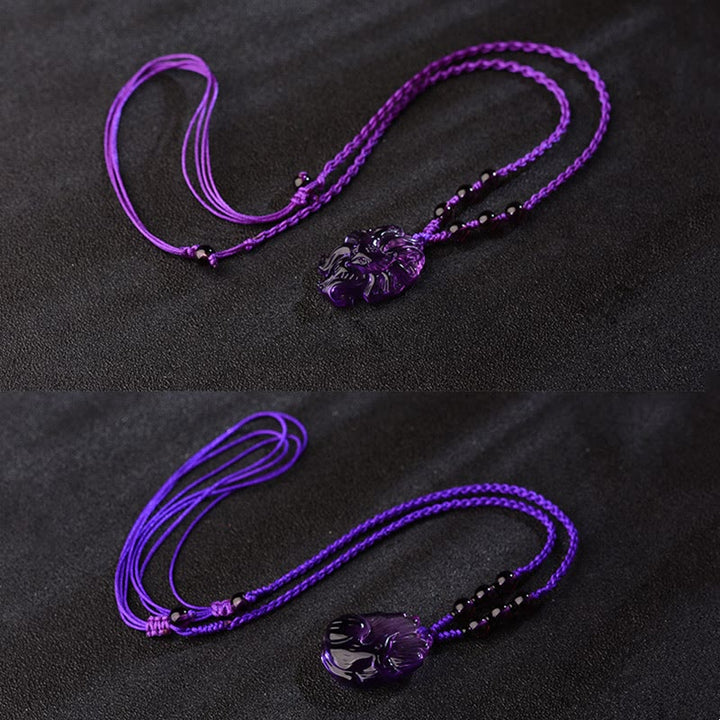 Buddha Stones Natural Amethyst White Crystal Citrine Nine Tailed Fox Luck Necklace Pendant - image 9
