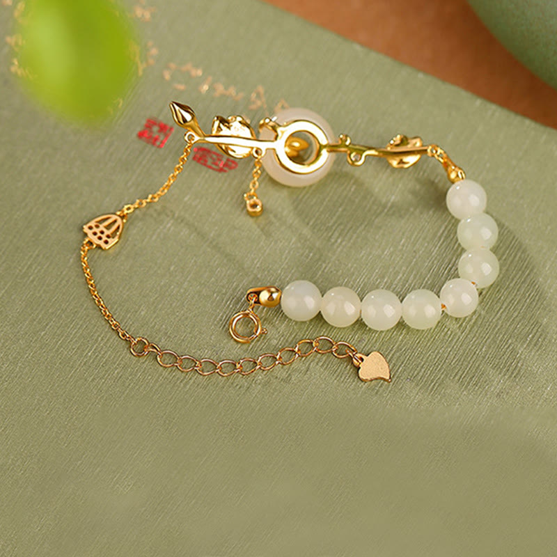 Buddha Stones 925 Sterling Silver Hetian Jade Peace Buckle Lotus Luck Chain Bracelet - image 3