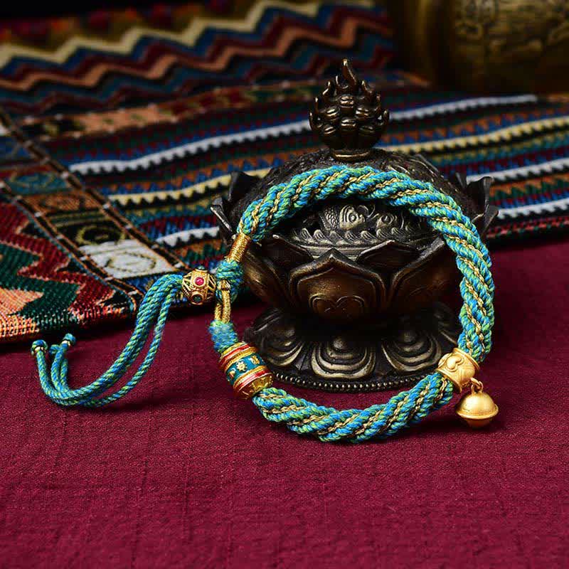 Buddha Stones Tibetan Handmade Luck Protection Thangka Prayer Wheel Bell Charm Braid String Bracelet - image 10