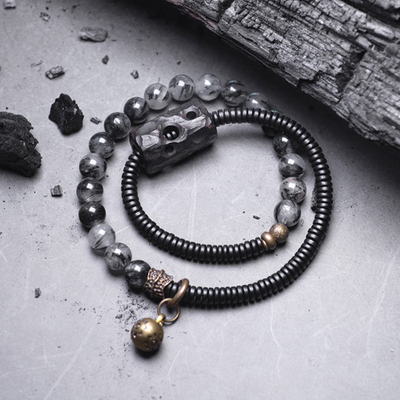 Buddha Stones Black Rutilated Quartz Ebony Wood Copper Wisdom Couple Bracelet - image 4