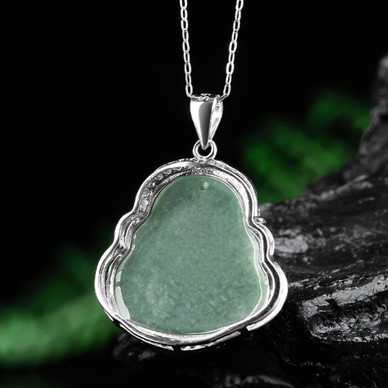 Buddha Stones Laughing Buddha Jade Abundance Necklace Titanium Steel Chain Pendant - image 8