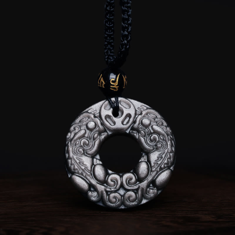 Buddha Stones Natural Silver Sheen Obsidian Double PiXiu Copper Coin Peace Buckle Protection Necklace Pendant - image 6