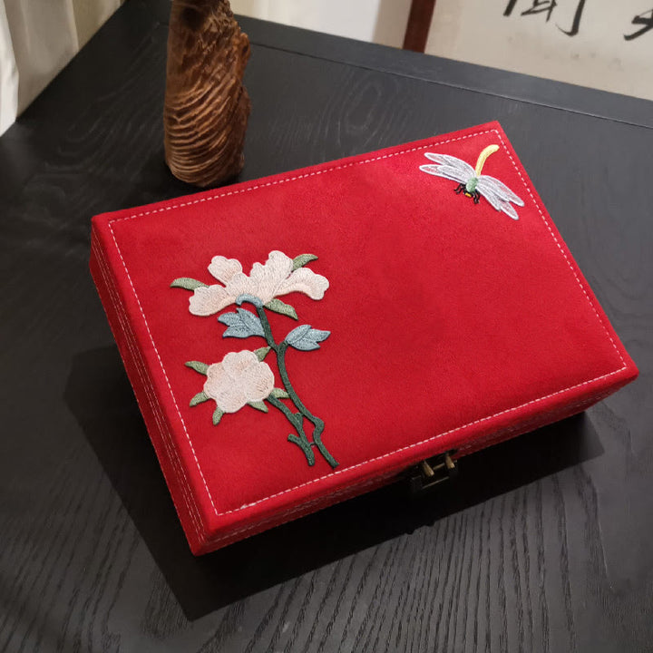Buddha Stones Flowers Dragonfly Jewelry Box Organizer Single Layer Jewelry Storage Box Flannel Box - Red 28cm*19cm*6.5cm - image 16