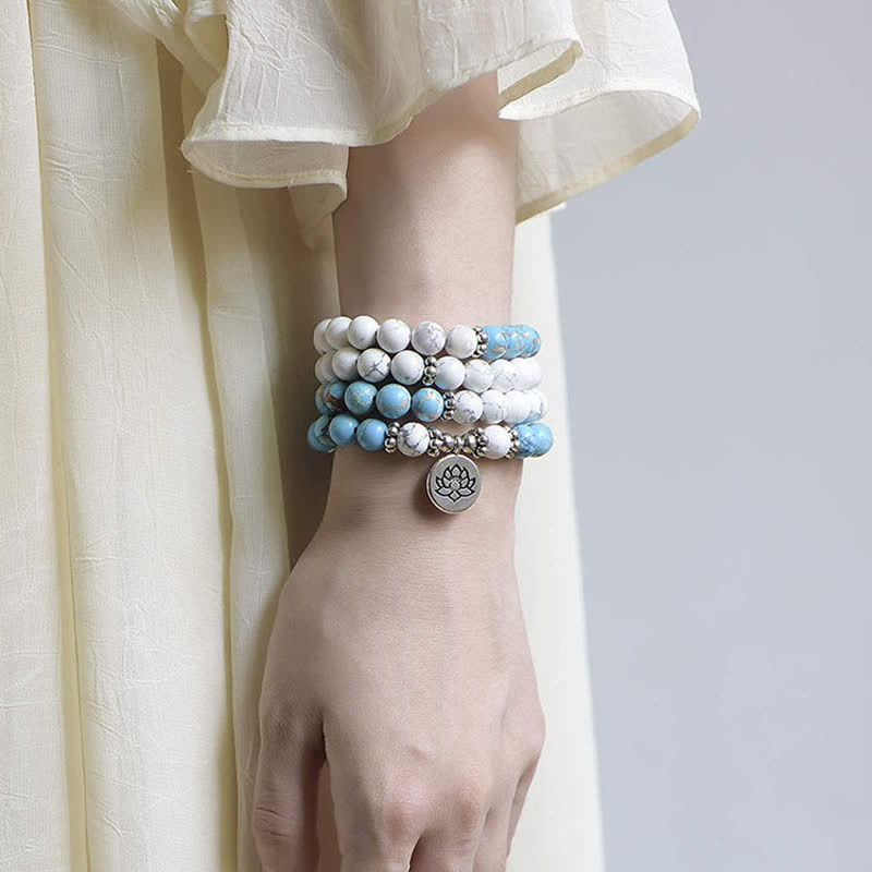 108 Mala Beads White Turquoise Emperor Stone Lotus Blessing Bracelet - image 2