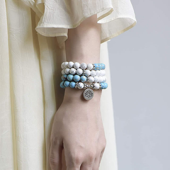 108 Mala Beads White Turquoise Emperor Stone Lotus Blessing Bracelet - image 2
