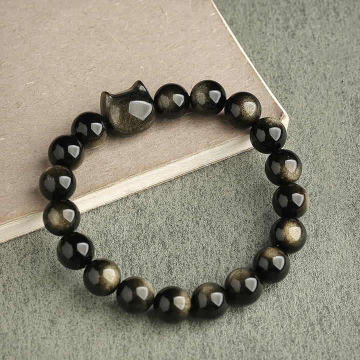 Buddha Stones Gold Sheen Obsidian Silver Sheen Obsidian Lovely Paw Lucky Cat Protection Bracelet - Gold Sheen Obsidian - Cat Head - 10mm - image 8