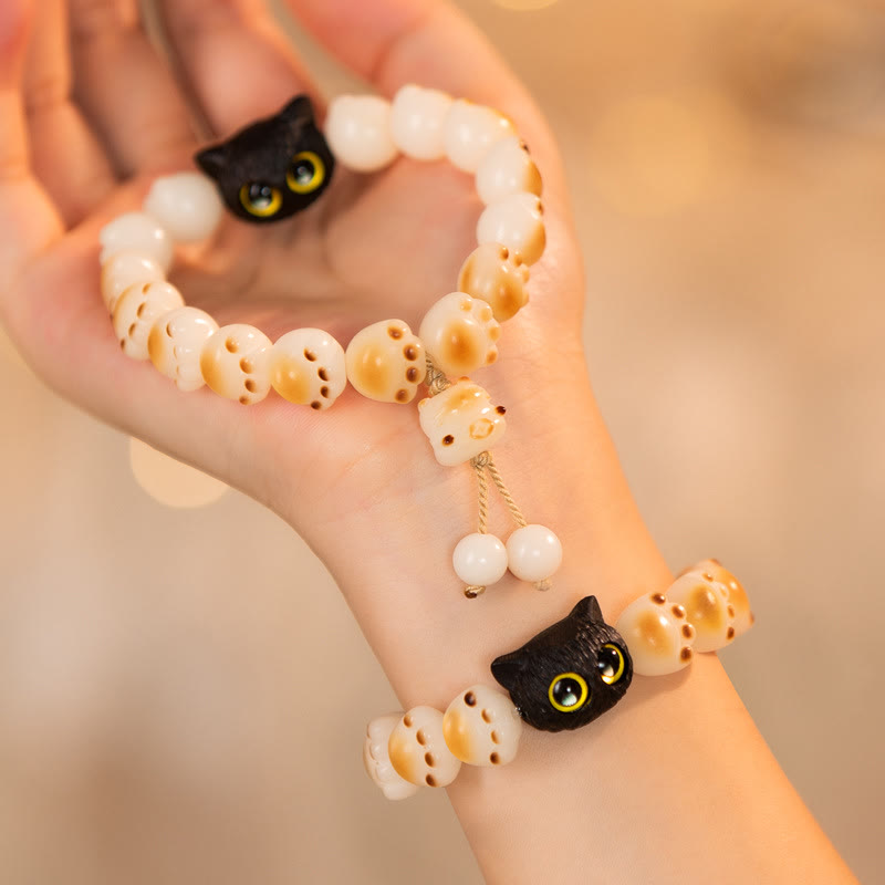 Buddha Stones Natural Bodhi Seed Red Sandalwood Lovely Paw Lucky Cat Peace Bracelet - image 1