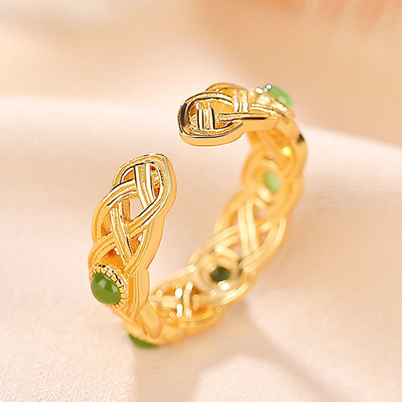 Buddha Stones 925 Sterling Silver Plated Gold Cyan Jade Braided Design Success Luck Adjustable Ring - image 3