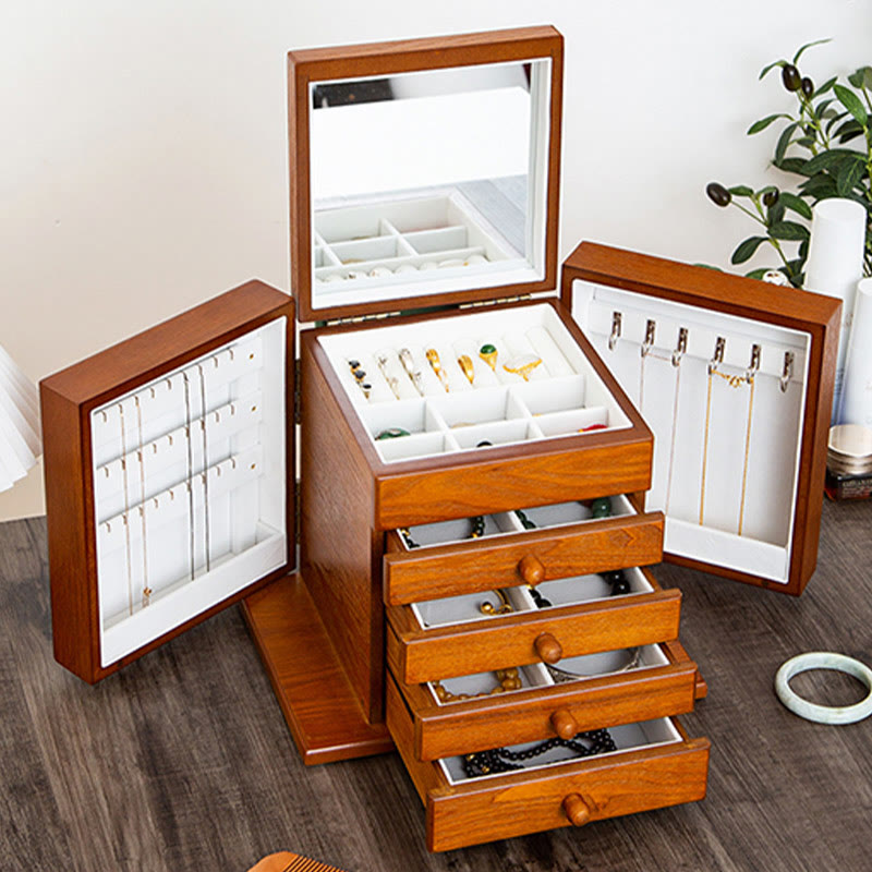 Buddha Stones Vintage Large Capacity Wooden Jewelry Box Jewelry Storage Box With Mirror - image 23