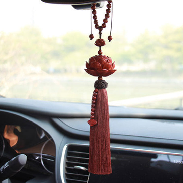Buddha Stones Tibetan Small Leaf Red Sandalwood Lotus Luck Protection Tassel Decoration - image 4