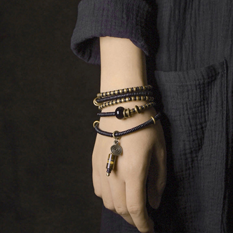 Buddha Stones Ebony Wood Dzi Bead Copper Peace Couple Bracelet Necklace Pendant - image 3