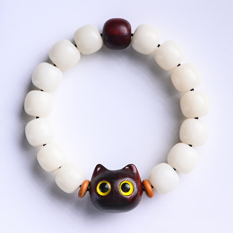 Buddha Stones Natural Bodhi Seed Small Leaf Red Sandalwood Ebony Wood Cute Lucky Cat Wisdom Bracelet - Small Leaf Red Sandalwood Lucky Cat&Bodhi Seed(Wrist Circumference 14-16cm) - image 1