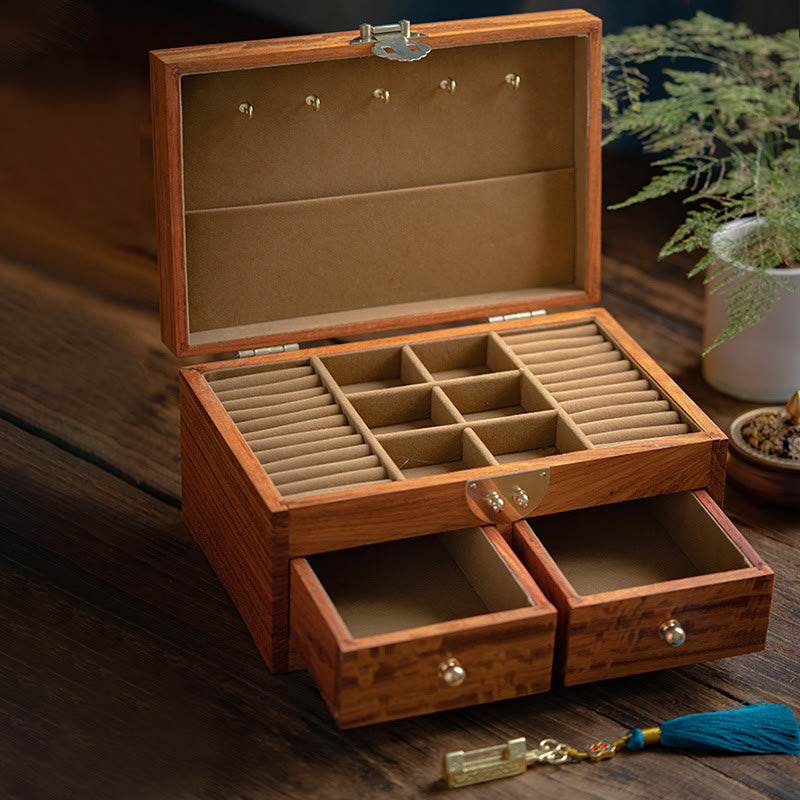 Antique Handmade Rosewood Jewelry Storage Box Lockable Large Double Layer Flower Wooden Gift Organizer Box - image 1