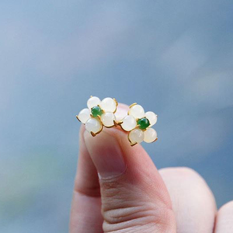 Buddha Stones White Jade Flower Luck Blessing Stud Earrings - image 4