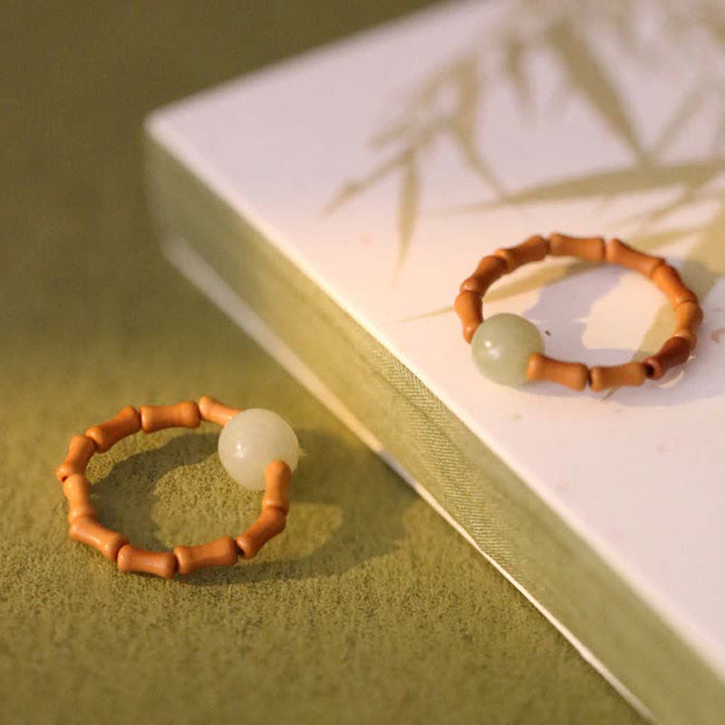 Buddha Stones Hetian Jade Beaded Bamboo Prosperity Luck Ring - image 8