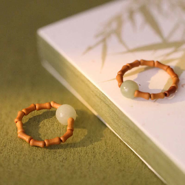 Buddha Stones Hetian Jade Beaded Bamboo Prosperity Luck Ring - image 8