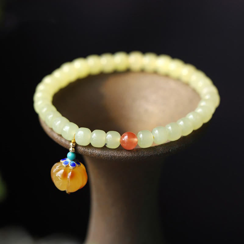 Natural Hetian Jade Pumpkin Amber Red Agate Crystal Prosperity Bracelet - Hetian Jade&Amber&Red Agate - image 0