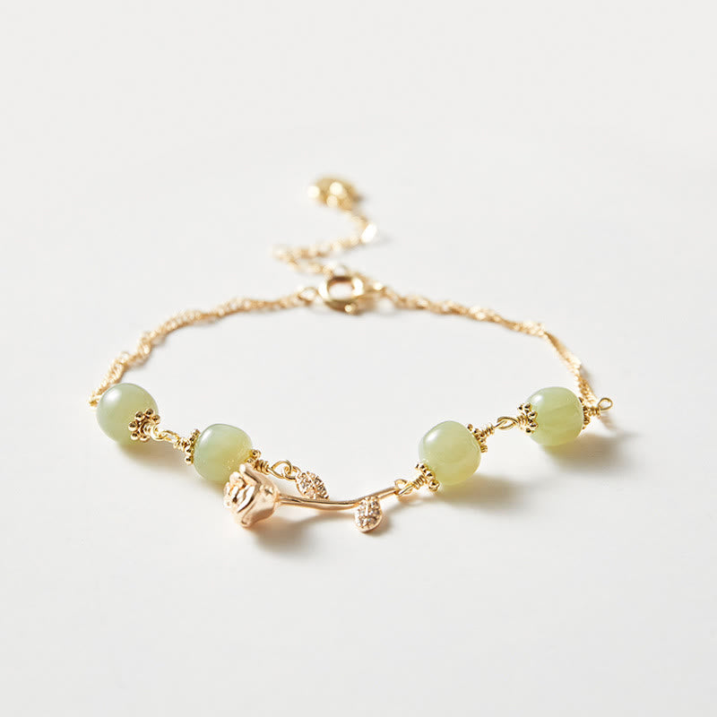 Buddha Stones 14K Gold Plated Hetian Jade Golden Rose Flower Luck Chain Bracelet - image 1
