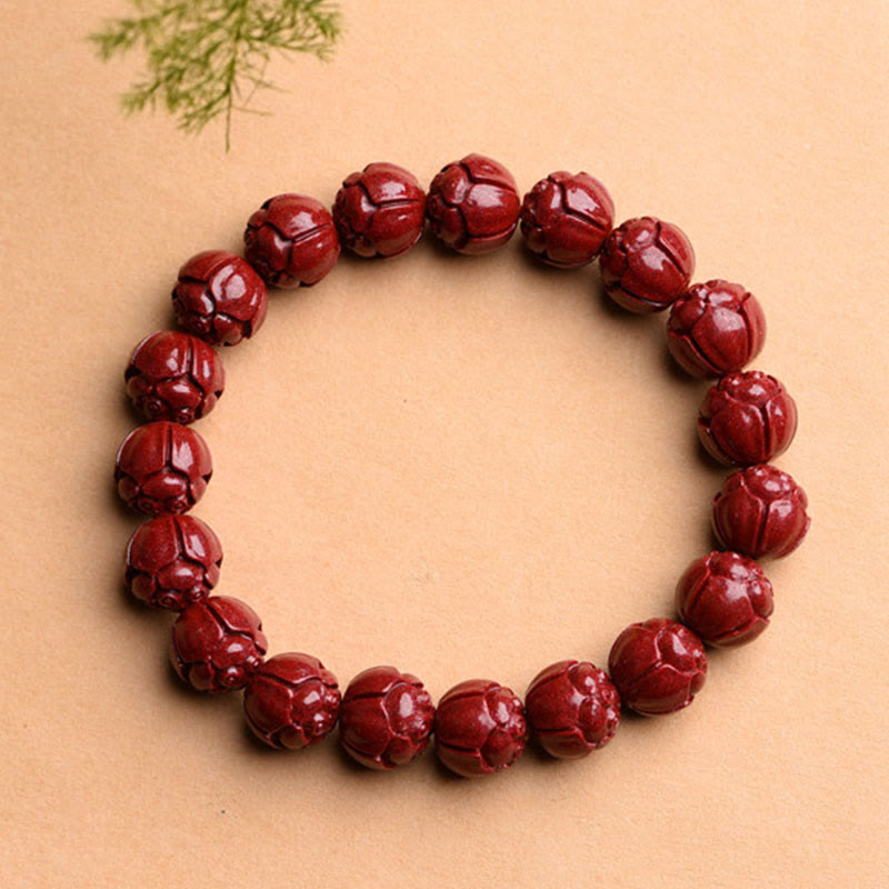 Buddha Stones Natural Cinnabar Om Mani Padme Hum Fret Pattern Lotus Blessing Bracelet - image 9