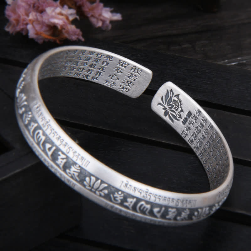 Buddha Stones 999 Sterling Silver Om Mani Padme Hum Heart Sutra Lotus Peace Bracelet Bangle - image 3
