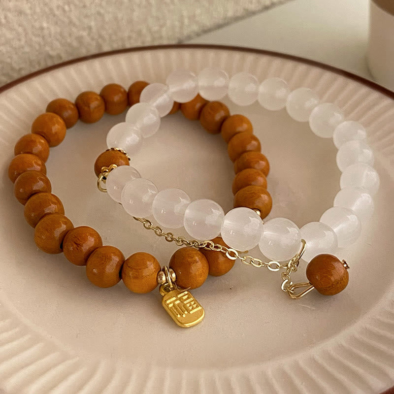Buddha Stones Sandalwood Cat's Eye Fu Character Charm Protection Bracelet - image 1