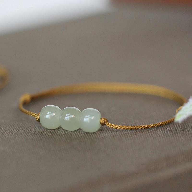 Buddha Stones Three Beads Jade Luck String Weave Bracelet - Brown(Wrist Circumference 14-20cm) - image 3