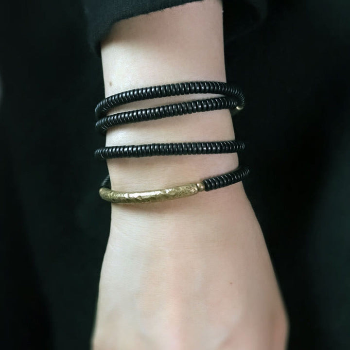 Buddha Stones Ebony Wood Brass Copper Balance Multilayered Bracelet - image 12