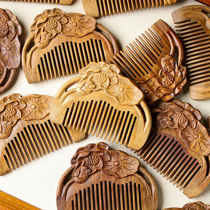 Natural Green Sandalwood Lotus Flower Leaf Engraved Soothing Comb - image 12