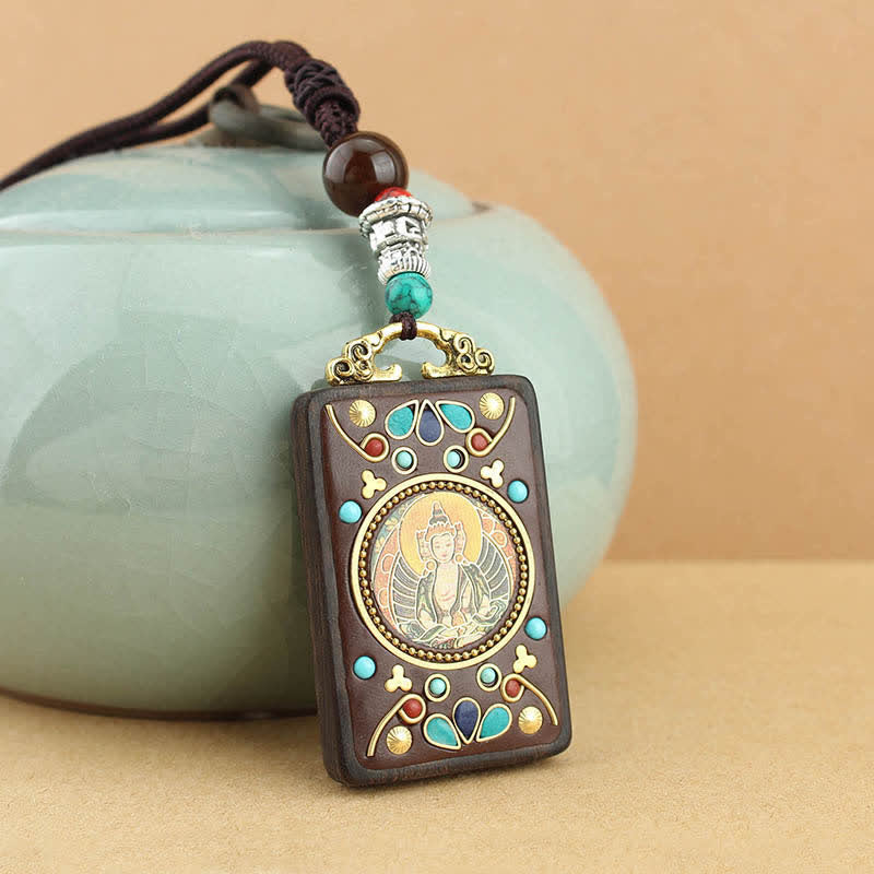 Buddha Stones Tibet God of Wealth Thangka Ebony Peace Necklace Pendant - image 9